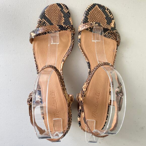 Madewell The Hollie Ankle Strap Sandal Snake Embossed Brown Leather Chunky Heel - Picture 6 of 13